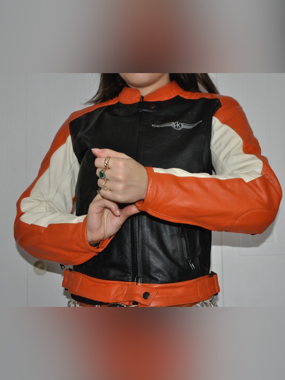 Women's Black and Orange Leather Biker Jacket - Picture 2 of 5